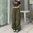 thumbnail image 2 of JIANJIA Cargo Pants Women Summer Solid Color Elastic Waist Drawstring Baggy Joggers Loose Casual Wide Leg Sweatpants Trousers Activewear,Green,S, 2 of 7