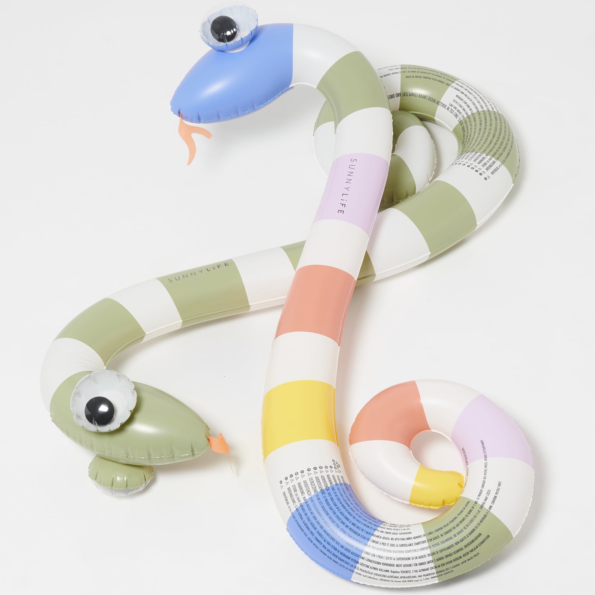 Sunnylife: Kids Inflatable Noodles - Into the Wild Snakes - 2pk Shaped Pool Floats, Water Play Toy, Lounge Ride-Ons, 3D Googly Eyes, Blue-Green-Yellow
