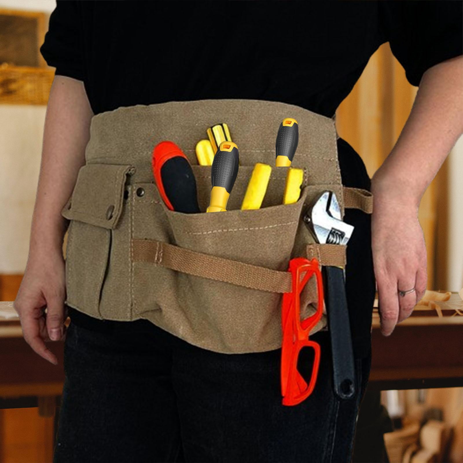simhoa Tool Waist Bag Portable Tool Bag Large Capacity Canvas Waist Pocket Belt Waist Bag Tools Organizer for Electricians Builders Khaki