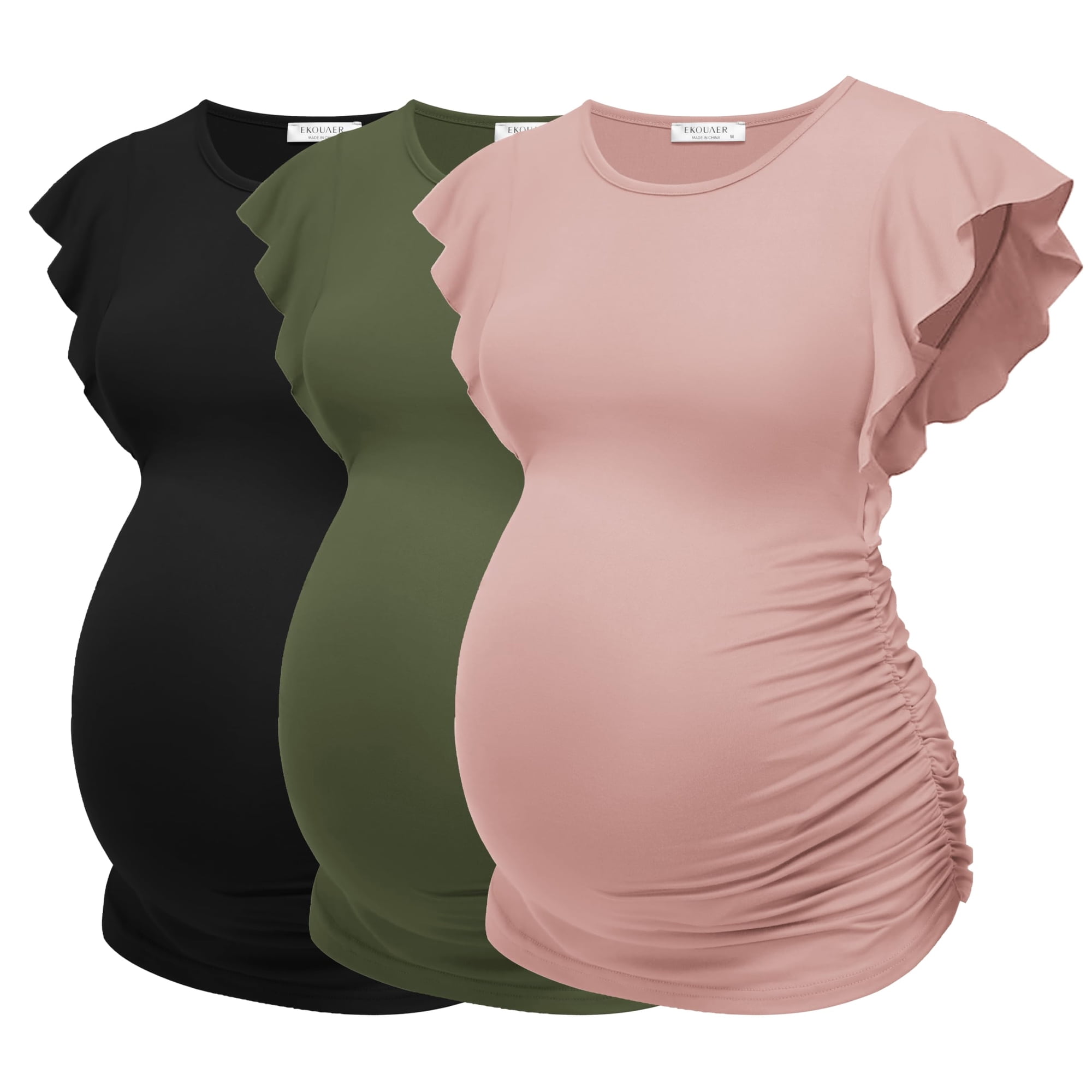 EKOUAER Women's Maternity Tops 3 Packs Flying Short Sleeve Side Ruched Tunic T-Shirt Pregnancy Clothes Black/Pink/Army Green