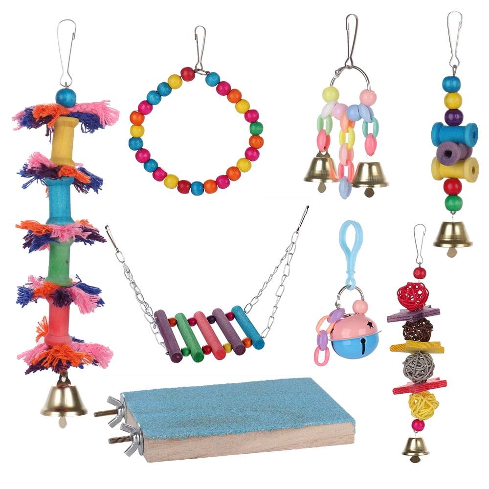 8pcs Bird Parrot Toys Swing Hanging Toy Bird Cage Toys Hammock Bell