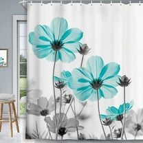 Unique Floral Shower Curtain for Bathroom Decor, Teal and Gray Daisy Flower Elegant Wildflower Design Farmhouse Shower Curtains with Hooks Set, 71 X 84 Inches