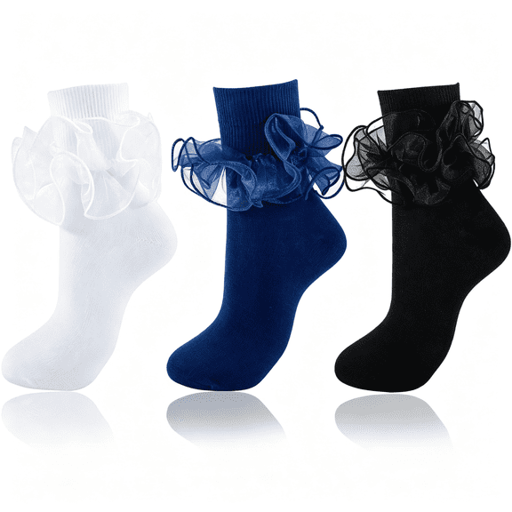 TELOLY Big Ruffle Socks Women(Size 5-11) Turn Cuff Cotton Lace Frilly Socks | Soft Breathable Cotton Crew Socks for Mary Janes & Loafers, Perfect for Coquette Aesthetic and 80S Vintage Dress