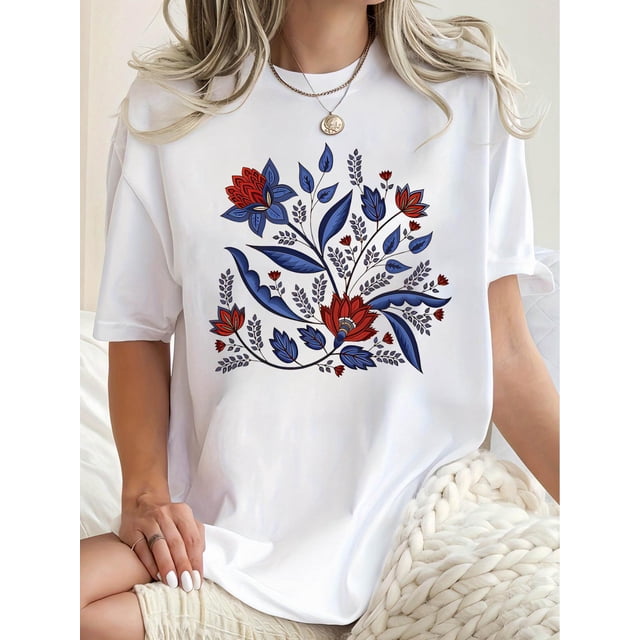 Women'S Floral Print Short Sleeve T-Shirt, Casual Crew Neck Polyester Knit Top with Medium Stretch, All-Season Fashion Tee for Sports & Leisure