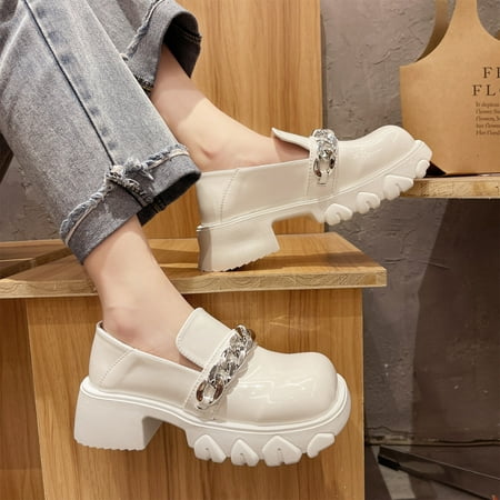 

Women s Fashion Metal Chain Thick Bottom British Style Retro Small Leather Shoes