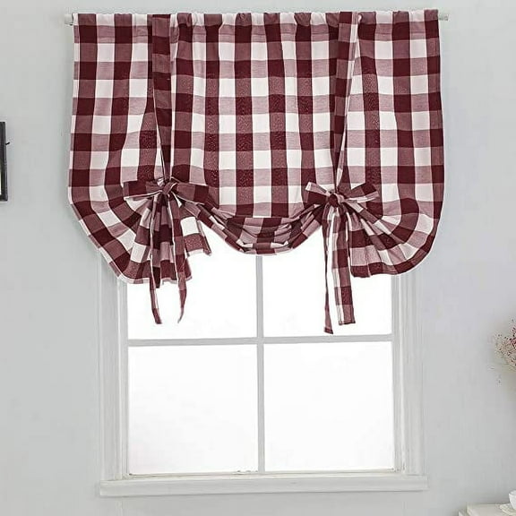 XmhyTop Red and White Check Tie Up Curtains Farmhouse Thermal Insulated Window Adjustable Balloon Curtain Shade for Small Window (31" x 55", Red)