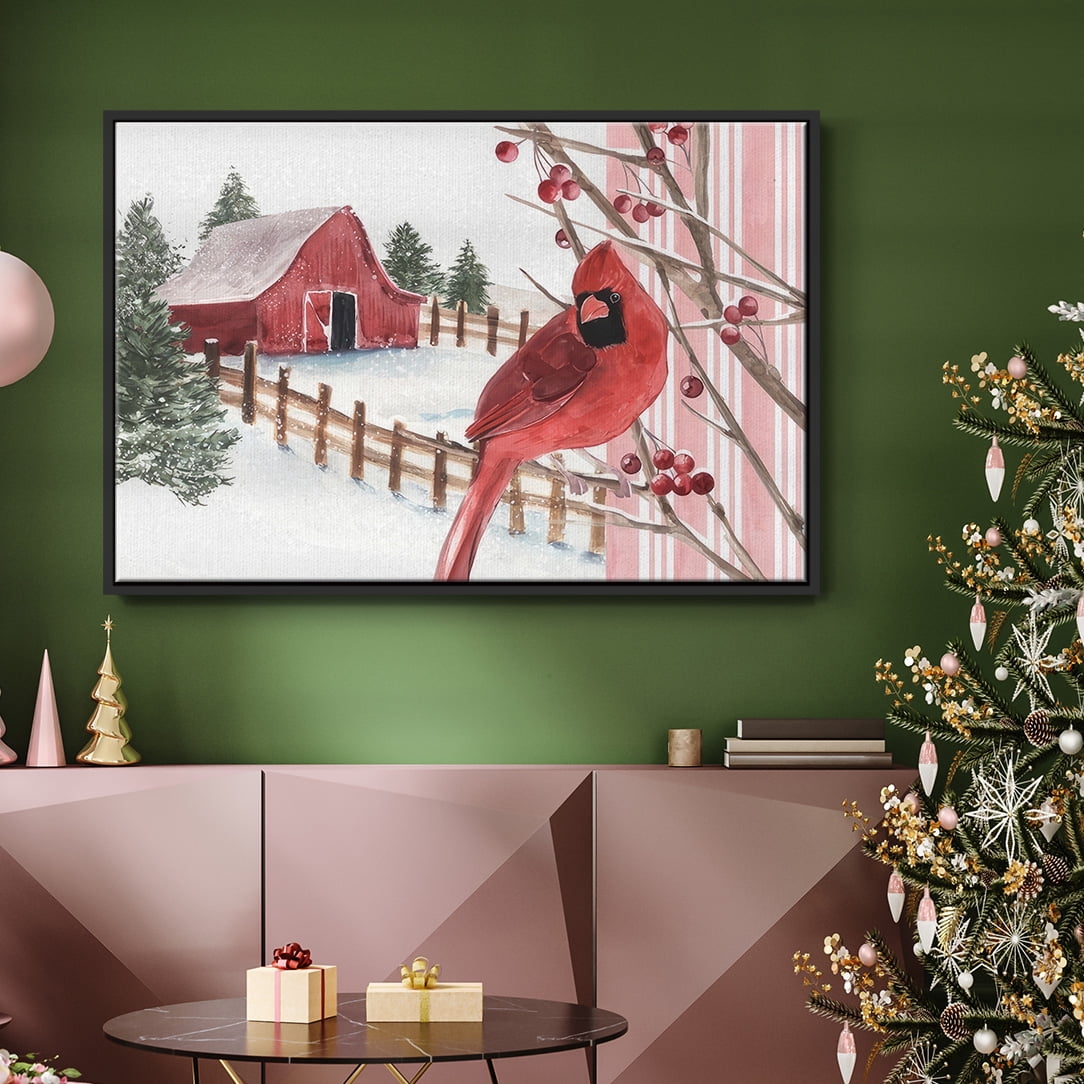 Winter Cardinal Collection A - Framed Gallery Wrapped Holiday Canvas - 27 x 41 - Black Frame