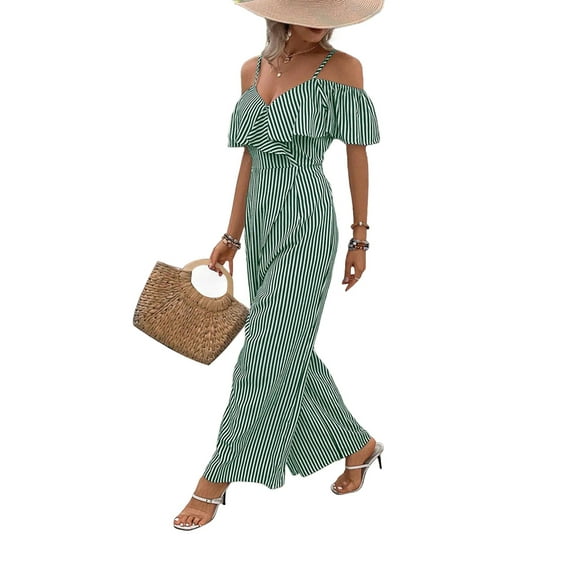 Parfaitlady Women Striped Pleated Jumpsuits Dressy Summer Suspender Wide Leg Pants Rompers Overalls Green XL