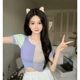 thumbnail image 3 of Women's Color Block Ribbed Knit Slim Fitted Long Sleeve Crop Tee Shirt Top(Purple), 3 of 4