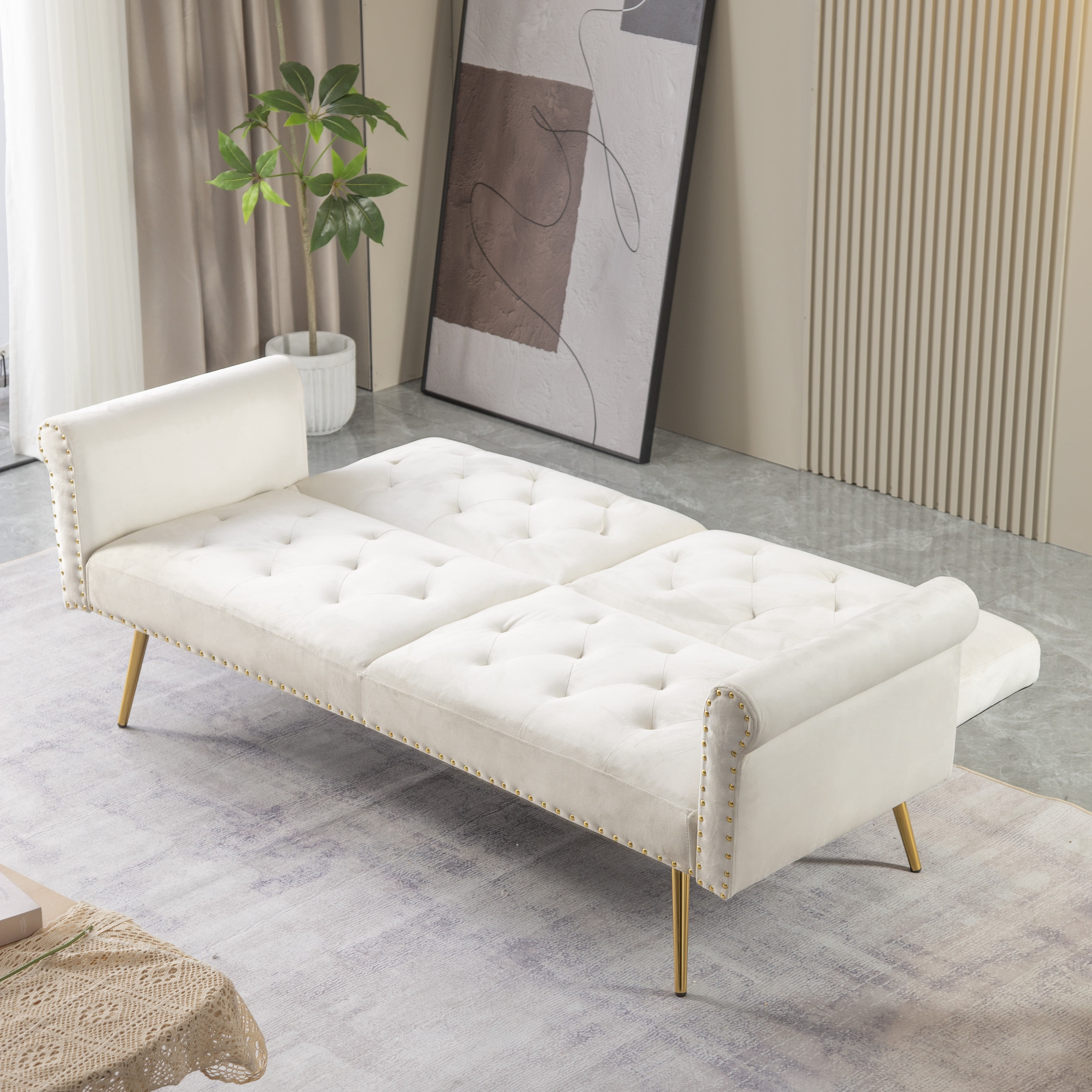 Convertible Futon Sofa Bed,Velvet Upholstered Nailhead Loveseat Sofa with Two Pillows,Modern Sleeper Couch Bed for Living Room,Bedroom,Beige