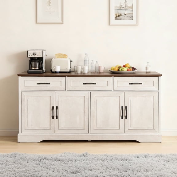 LIGHTINN 65.75" Large Sideboard Buffet Cabinet with Wooden Door, Coffee Bar Wine Bar Farmhouse Buffet Table Kitchen Storage Cabinet with Drawers for Dining Room, White Walnut Grain