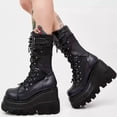 thumbnail image 3 of Women's Gothic Punk Platform Boots Chunky Wedge Heel Combat Booties Lace-Up and Zipper Round Toe Mid Calf Motorcycle Boot, 3 of 7