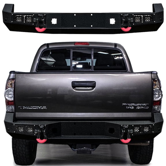 Vijay Compatible with 2005-2006-2007-2008-2009-2010-2011-2012-2013-2014-2015 Toyota Tacoma Rear Bumper Textured Black Steel with 4xLED Lights and 2xD-rings