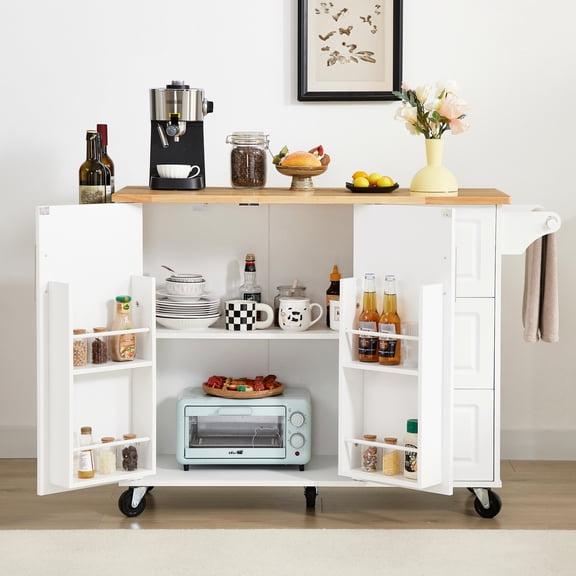 Space Kitchen Island Cart With Open Spice Rack, Removable Shelves, And Drop Leaf In White Leaf,