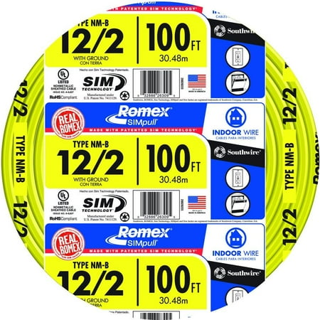 Romex 6 3 Wire Southwire 28828228 100' 12/2 with ground Romex brand SIMpull residential indoor electricial wire type NM-B Yellow ()