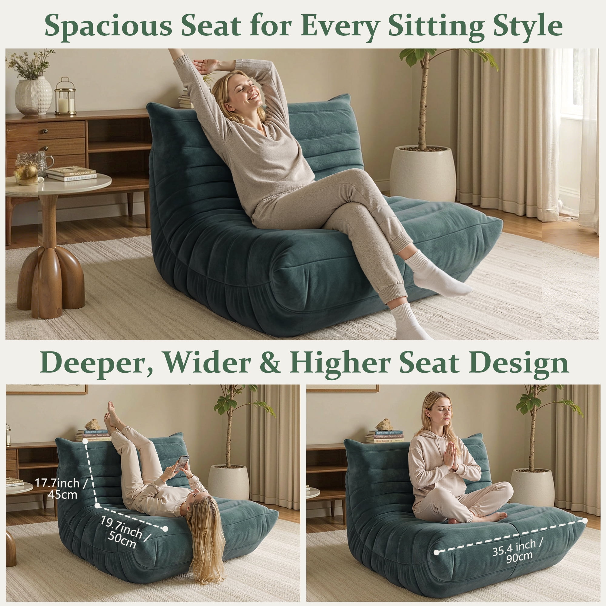 LineCrispton Memory Foam Bean Bag Chair for Adults, Luxury Fabric Compressed Sofa in a Box, Dark Green, Single