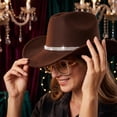 thumbnail image 3 of Western Cowboy Hats for Women Classic Felt Wide Brim Fedora Hat with Belt Buckle Retro Panama Hat Unisex Rolled up Cap Brown One Size, 3 of 5