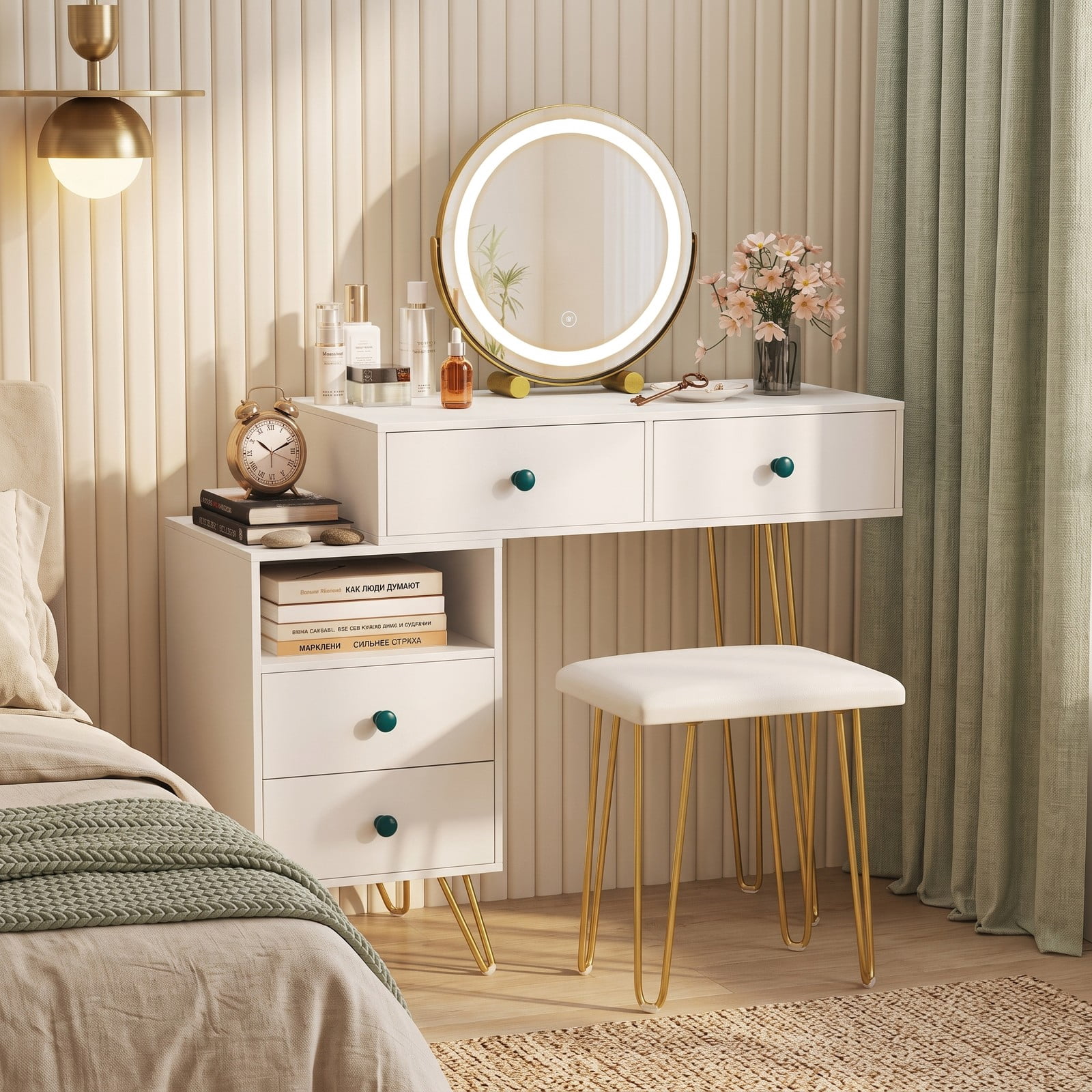 Furnibear Modern Dressing Table with 360 Degree Rotatable LED Mirror and Storage Cabinet and Cushioned Stool for Bedroom, White