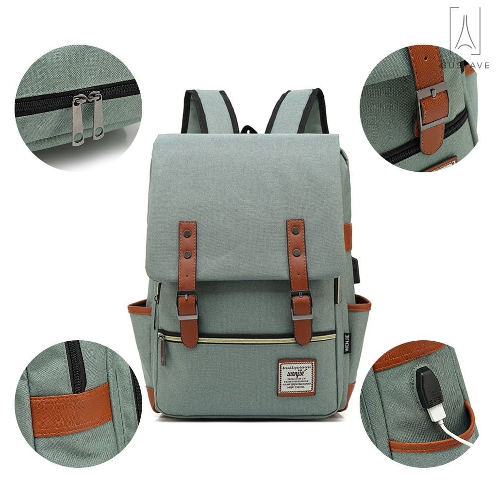 Gustave Canvas Anti-Theft Laptop Backpack for Men Women Large Capacity Casual Travel Backpack Daypack Computer Bag with USB Charging Port "Blue"