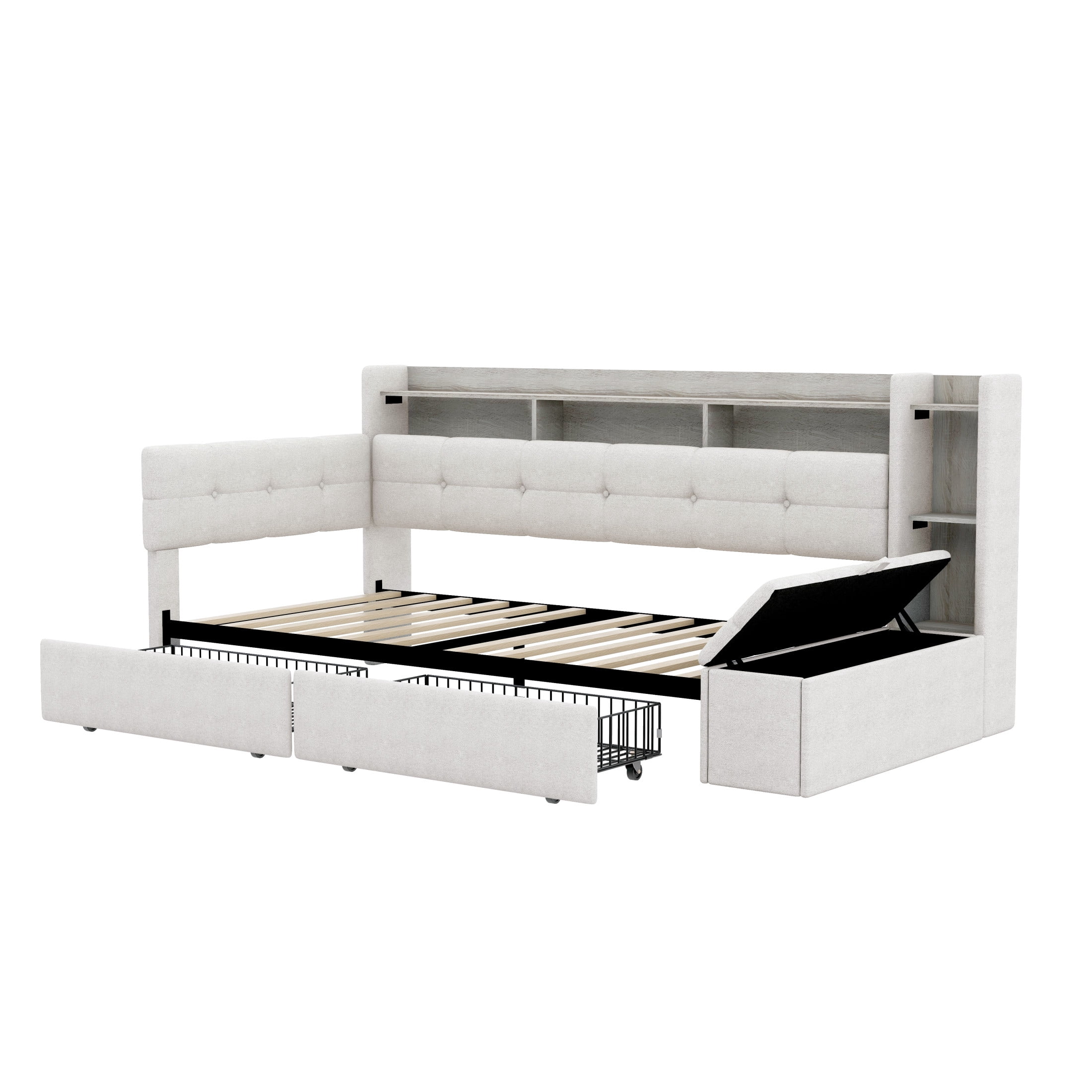 Noble House Brevon Twin Size Upholstered Daybed with Extra Drawers, Storage Footstool, USB Port and LED Light, Beige