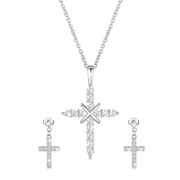 Ydou 14K White Gold Plated Cross Necklace and Earring Set for Women - Cubic Zirconia Faith Jewelry Sets with Cross Pendant Stud Earrings for Women Mom Birthday Aniversary Gift