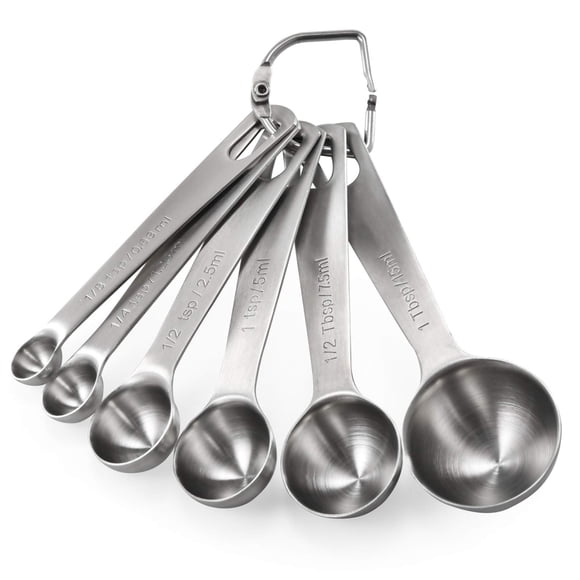 Cucharas medidoras: Cucharas medidoras de acero inoxidable 18/8 U-Taste Juego de 6 Piezas: 1/8 cucharadita 1/4 cucharadita 1/2 cucharadita 1 cucharadita 1/2 cucharada y 1 cucharada Ingredientes secos