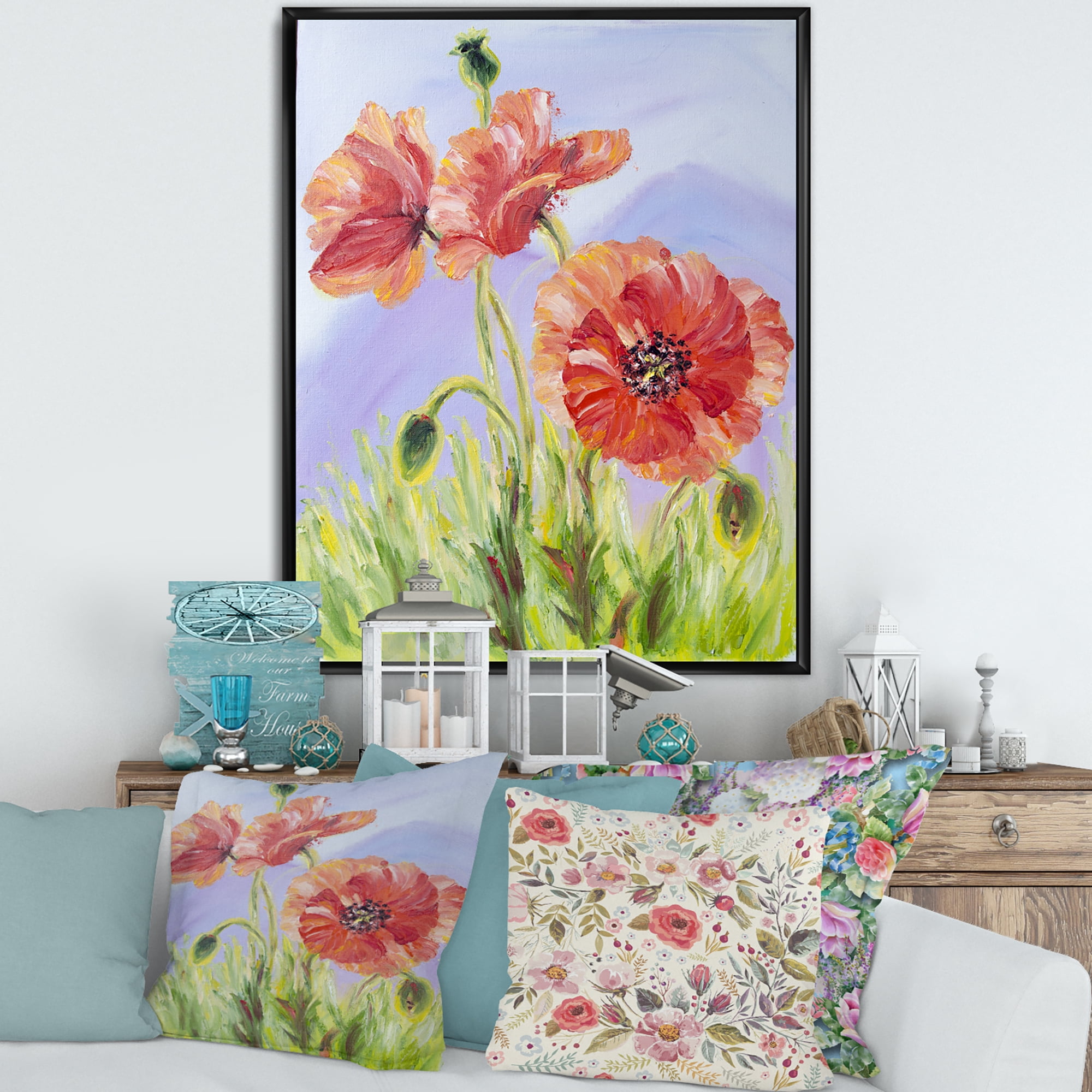 Designart 'Blossoming Poppies At Dawn' Traditional Framed Canvas Wall Art Print
