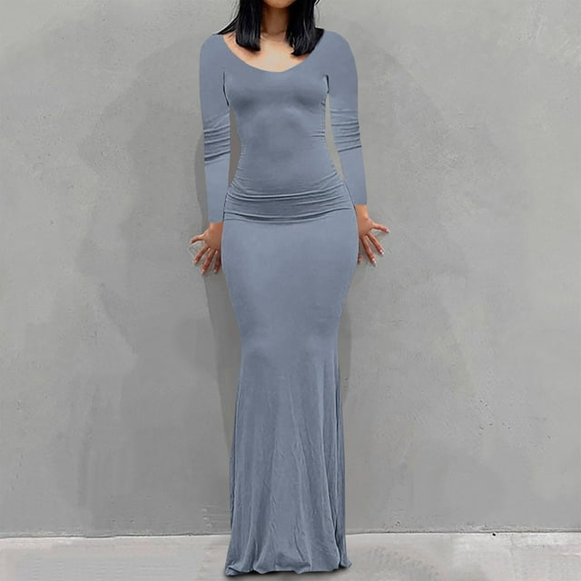 EQWLJWE Robes Moulantes pour Femmes Élégantes Col Rond Ajusté Manches Longues Aguichant sous-Couche Robe Nuisette