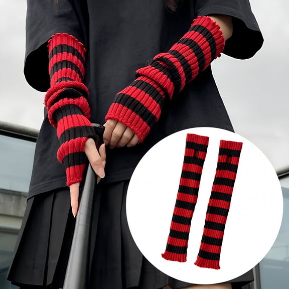 TELOLY Women Arm Warmer Thumbhole Design Elbow Length Stretchy Knitted Arm Sleeves Red-Black Striped Half Finger Arm Gloves Cosplay Gloves Halloween Costume Accessories
