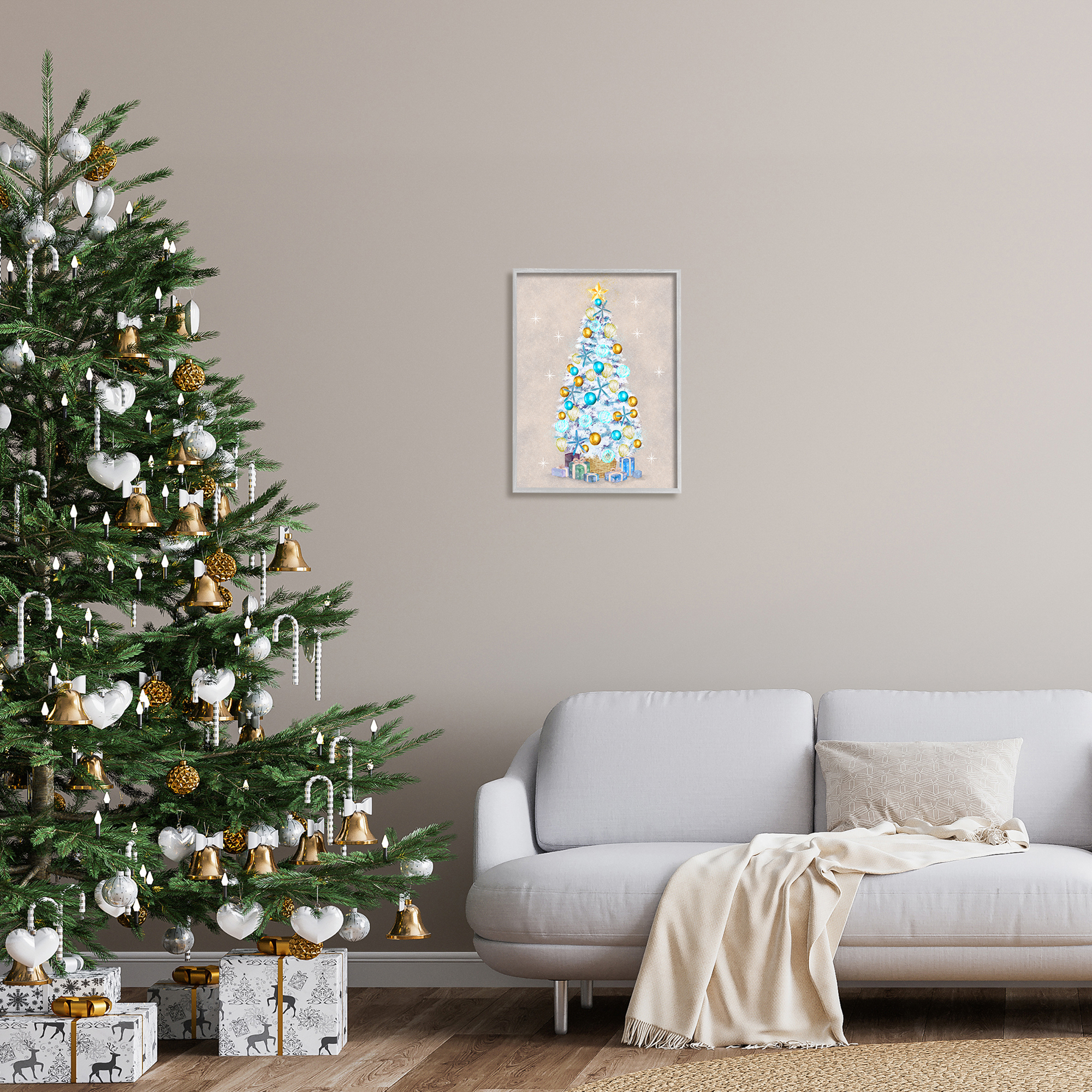White Decorated Christmas Tree Holiday Gifts Ornaments Botanical & Floral Painting Framed Art Print Wall Art
