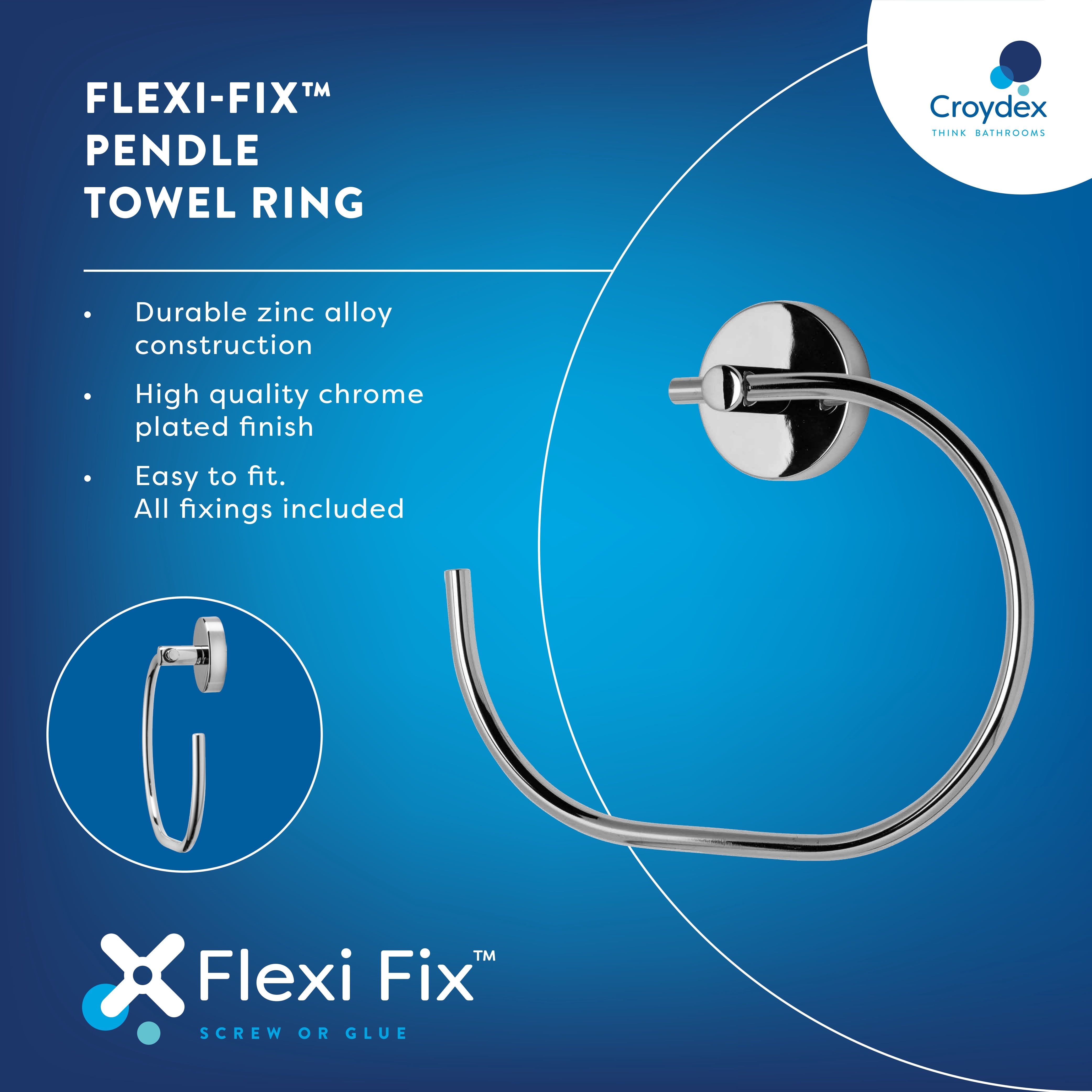Croydex Pendle Flexi-Fix Towel Ring, Chrome
