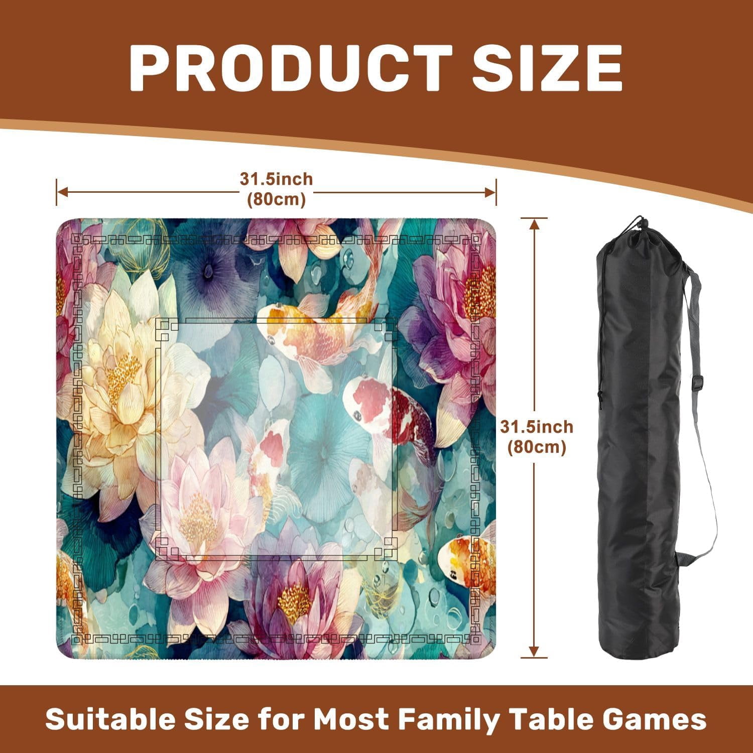 Mahjong Mat 31.5" x 31.5" Tranquil Pond Watercolor Art Lotus Flowers Fish Non-Slip Noise Reduction Mahjong Tiles Table Cover for Dominoes Poker Card Board and Tile Games