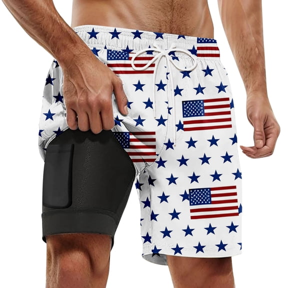 Bainana Mens Swim Trunks American Flag 2 In 1 Patriotic Swim Shorts 4Th Of July Stretch Lightweight Summer Holiday Bathing Suit