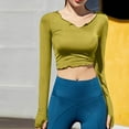 thumbnail image 2 of Women's Long Sleeve Crop Tops V-Neck Slim Fitted Seamless Tees Shirts Wavy Lace Side Lacing Yoga Fitness Wear Blouses, 2 of 4