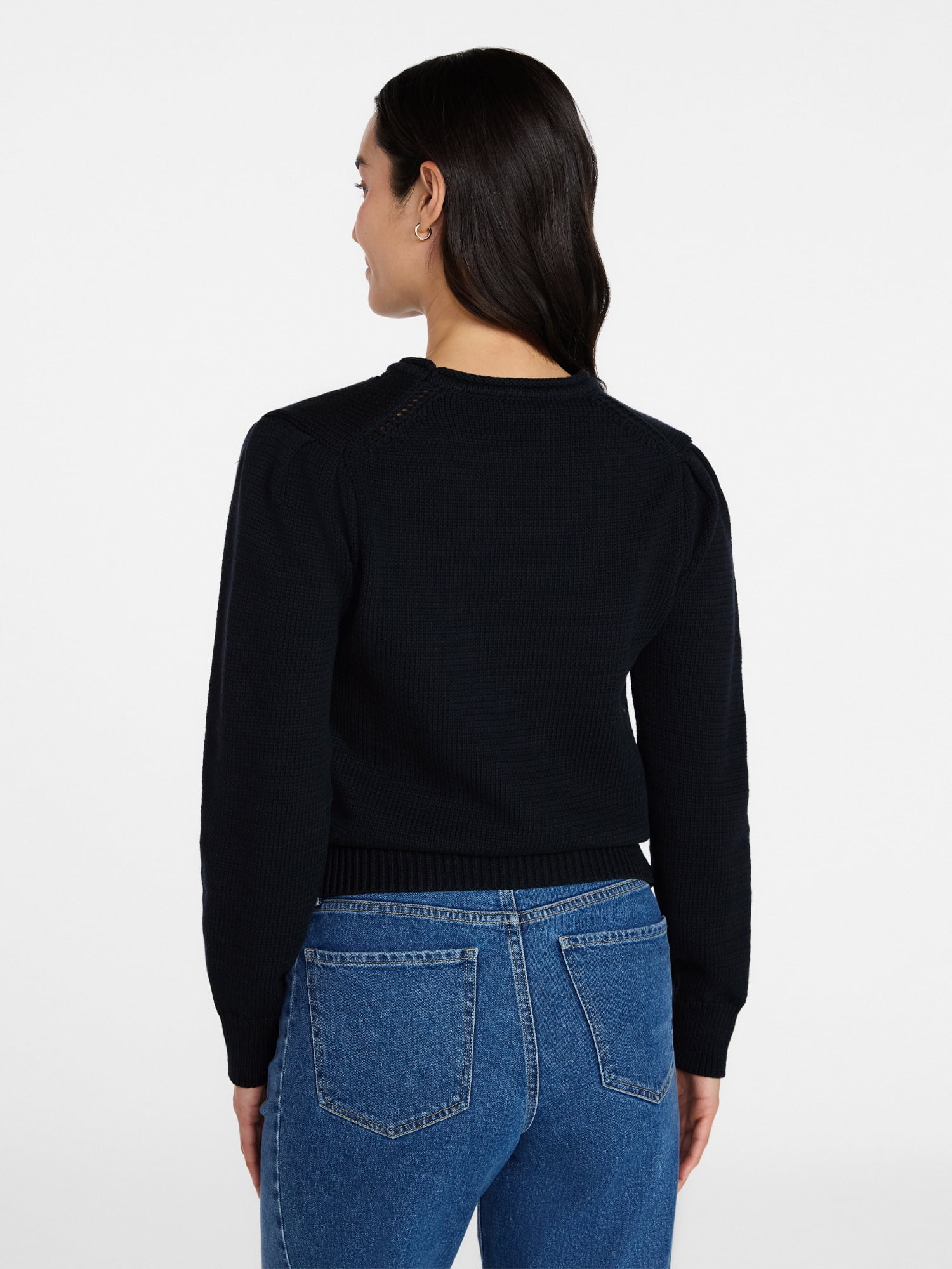 Time and Tru Women's Crewneck Sweater with Long Puff Sleeves, Lightweight, Sizes XS-XXXL