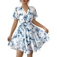 thumbnail image 2 of Womens Summer Dresses Floral V Neck Ruffled Hem Spaghetti Spring Casual Beach Outfits Flowy Wrap Sun Dress Blue M, 2 of 8