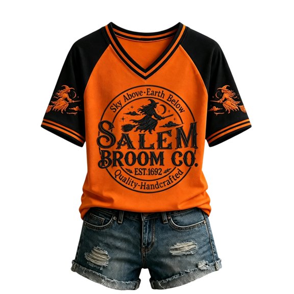 Women's Halloween Witch Print V-Neck T-Shirt, Raglan Short Sleeve Casual Graphic Tee Top for Halloween Party Daily Wear 08-Earthy Yellow S