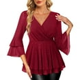 thumbnail image 7 of Otntypg Women's Dressy Blouses Ruffle 3/4 Sleeve Peplum Sparkly Tops Casual Fall Spring Wrapped V Neck Tunic Work Business T-Shirts Elegant Outfit Clothes Red S, 7 of 7