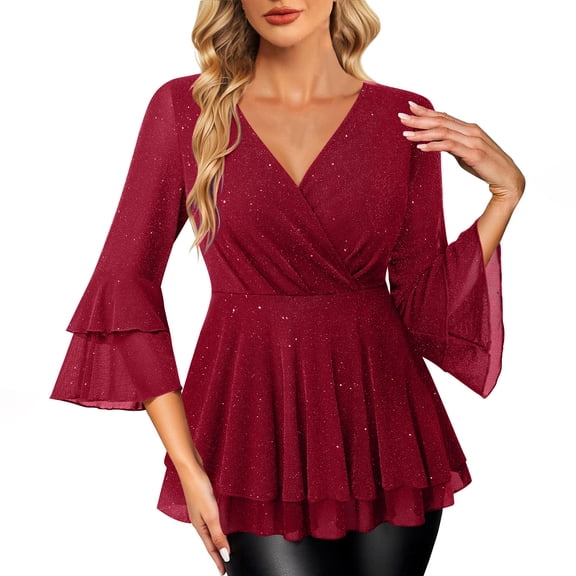 Maplenight Womens Sparkly Tops Dressy Ruffle 3/4 Sleeve Blouses Mesh Flowy Tunic Tops Elegant Party Evening Shirts