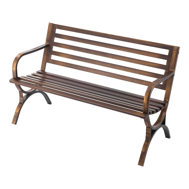 KFFKFF Outdoor Bench, 50 inch, Carbon Steel Metal Frame with Slatted Pattern Backrest and Round Edge Armrests, Weatherproof Outside Bench, Antique Bronze