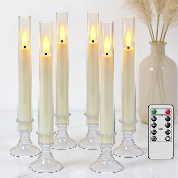 HIDAWN 6Pack Flameless Taper Candles with Remote Timer, LED Candlesticks with Holders, Fake Electric Battery Operated Dripless 3D Flickering Flame Window Candles,9.57Inch,Clear