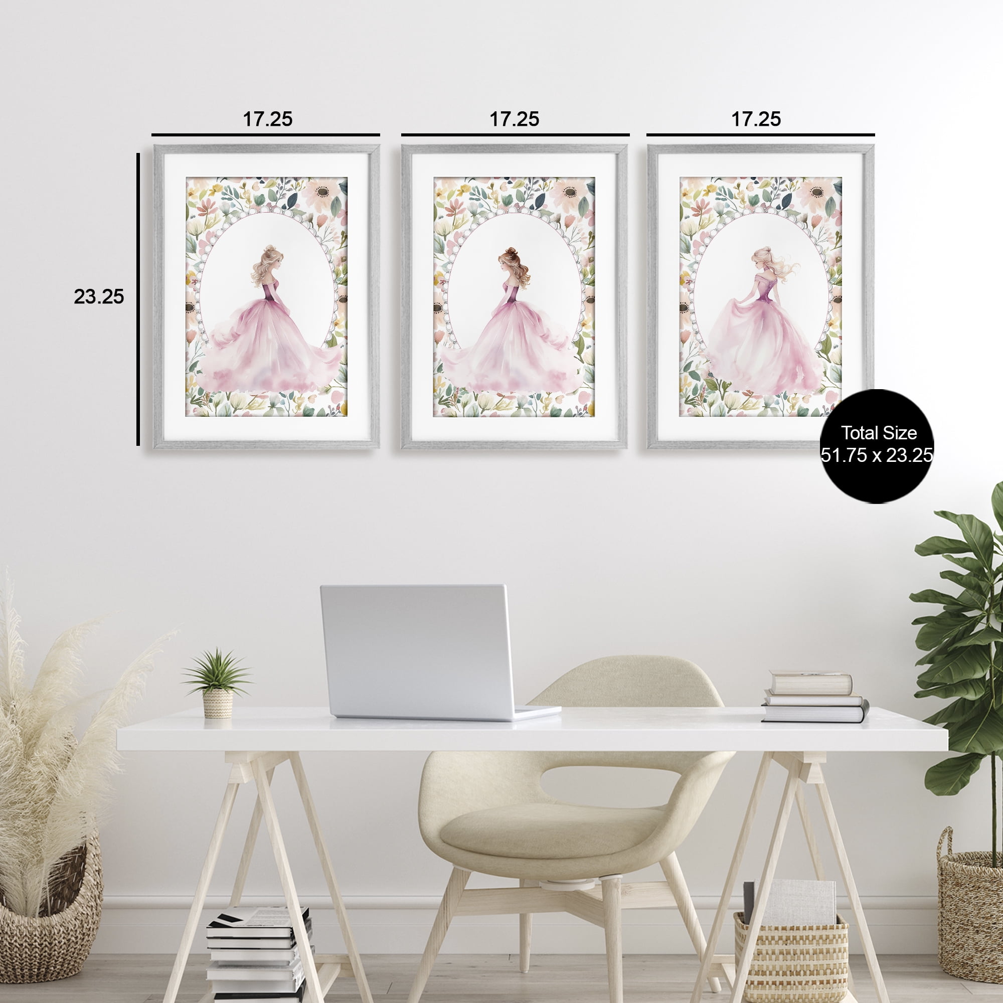 Stupell Industries Bordered Princess Love 3 Piece Gray Framed Print Under Glass Set, design by Christine Simpson Art