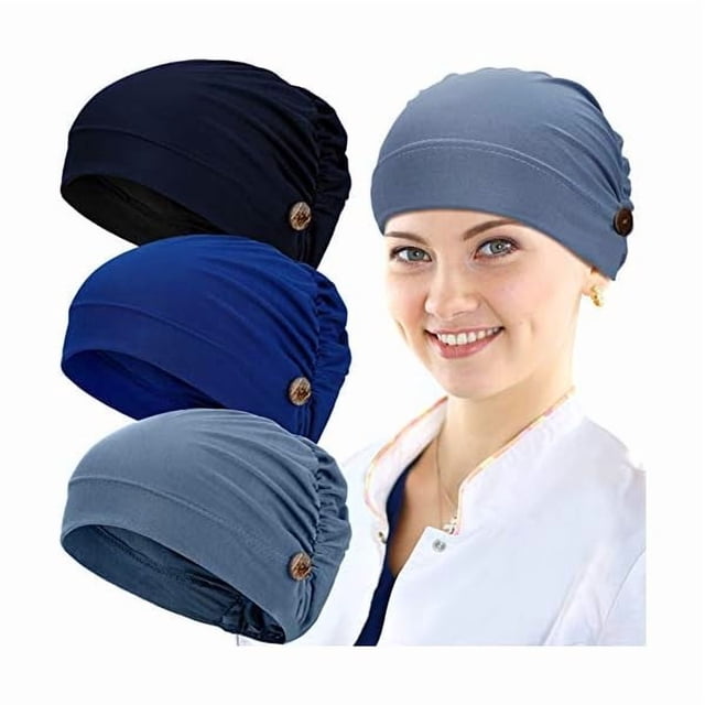 wonima11 3 Pieces Bouffant Caps with Buttons Unisex Stretchy Headband Turban with Buttons for Women