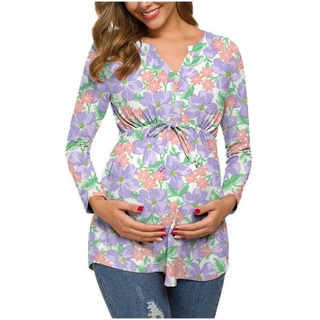 

Summer Savings Clearance! Edvintorg Nursing Clothes For Women Breastfeeding Fashion Flowers Leaf Print Long Sleeve Waistband Maternity Nursing Top Pregnant Clothes