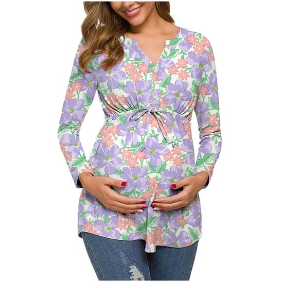Summer clearance saving!zanvin maternity gift Ladies Fashion Flowers Leaf Print Long Sleeve Waistband Maternity Breastfeeding Clothe Top ,gift for her