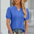 thumbnail image 3 of Scyoekwg Womens Short Sleeve Blouses V Neck Eyelet Shirts Lightweight Loose Solid Color Comfy Blouses (Blue,L), 3 of 3