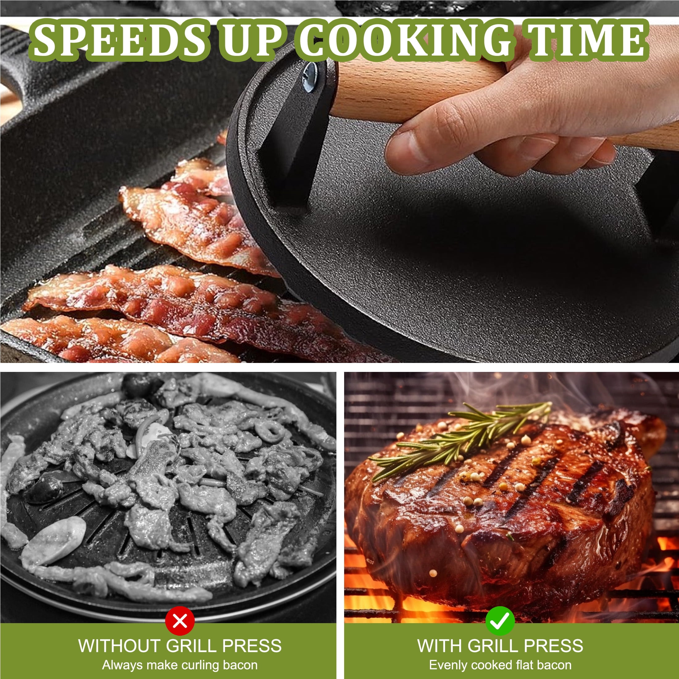 Burger Press Set, 7" Round Smash Burger Press & 8"x4" Rectangle Cast Iron Grill Press with Wooden Handle, Meat Weight Press for Griddle, Sandwiches, Panini, Nonstick Pan