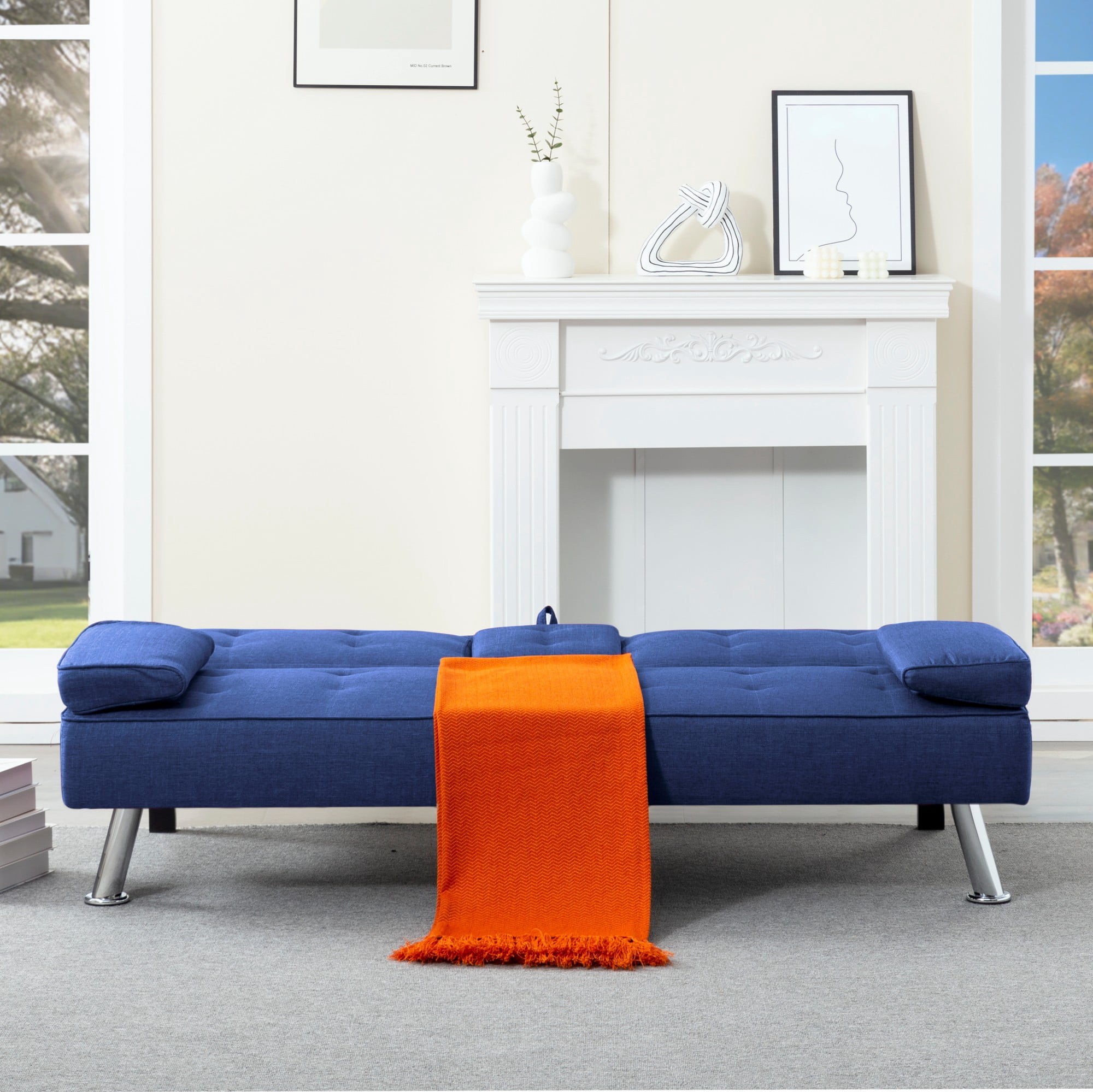 BSHTI 69.49" Fabric Convertible Futon Sofa Bed with Drop-Down Console, 2 Cup Holders, 5-Position Backrest, Side Pocket for Living Room（Navy Blue）
