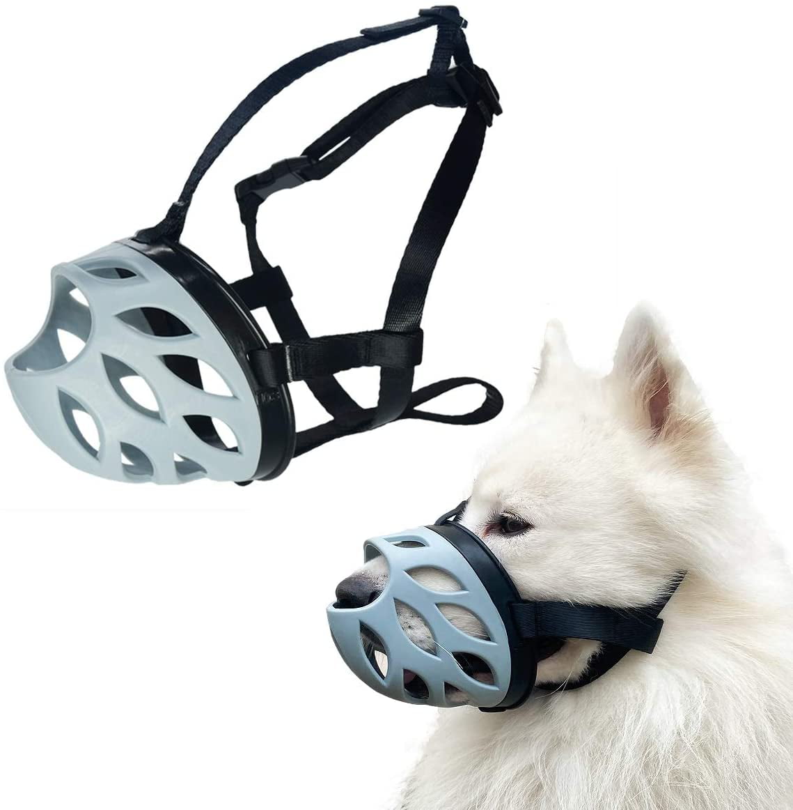 Allows Panting and Drinking Included Collar and Training Guide Dog Muzzle Prevents Unwanted Barking Biting and Chewing Soft Silicone Basket Muzzle for Dogs 