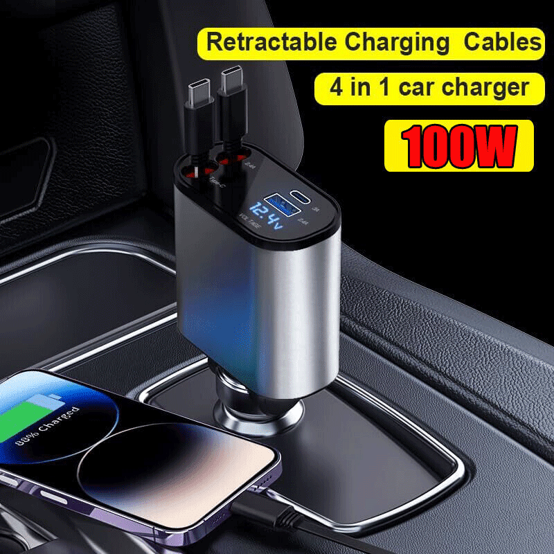 4 IN 1 Retractable 100W USB C Car Charger Adapter, Dual Port Fast Charging for Phones and Tablets